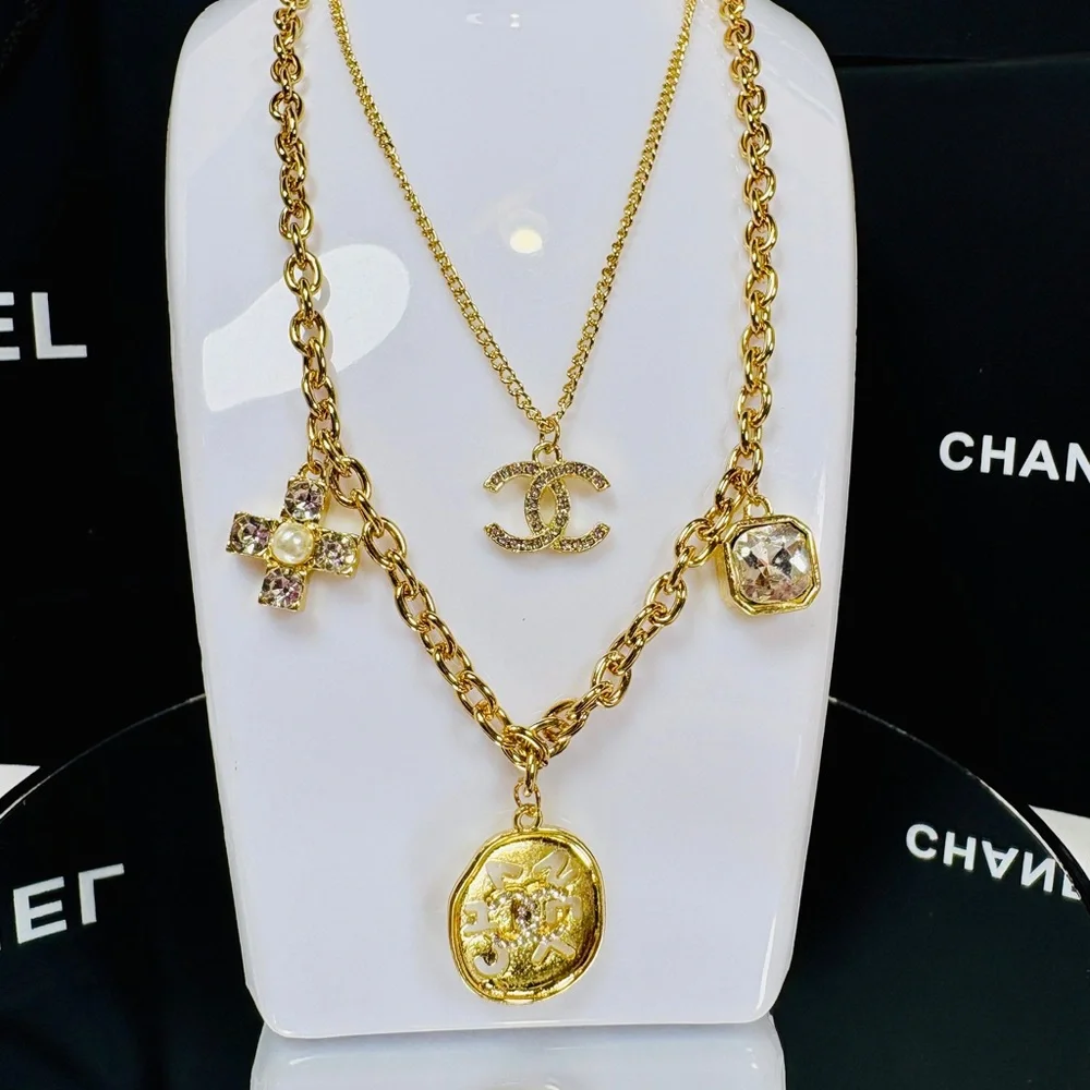 A-1FN-4: NECKLACE: Double Gold-Tone Featuring Dazzling Monogram Charms, NWOT